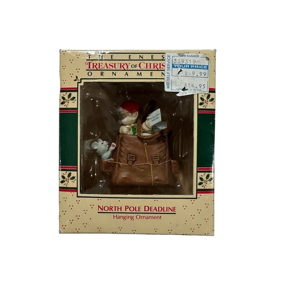 1988 Enesco Santa and Mouse Christmas Hanging Ornament NORTH POLE DEADLINE - Picture 1 of 11
